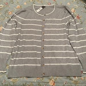 Talbots grey/white striped cardigan with gold buttons and ruffle sleeve.